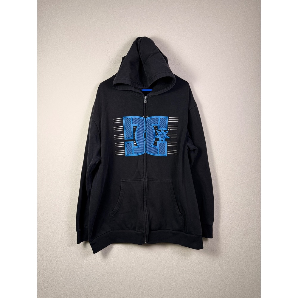 DC Shoes Full Zip Hoodie Men's XXL Black Blue Logo Fleece Skate Y2K Streetwear
